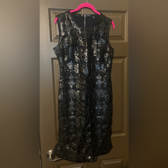 Elie Tahari size 8 NWT Black Leather Filigree Lace Sleeveless Sheath Dress - Picture 2 of 6